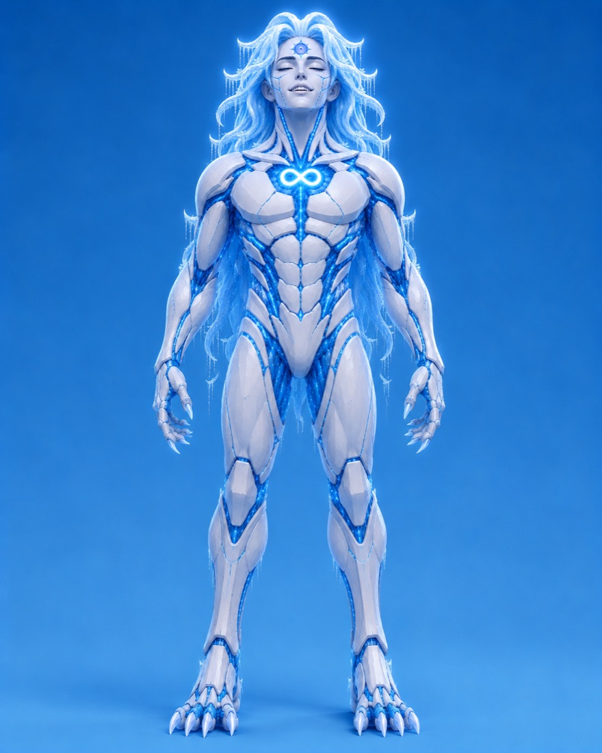 Full-body portrait of Dreamweavers with synthetic armor, talons, glacial hair, and a glowing infinity core