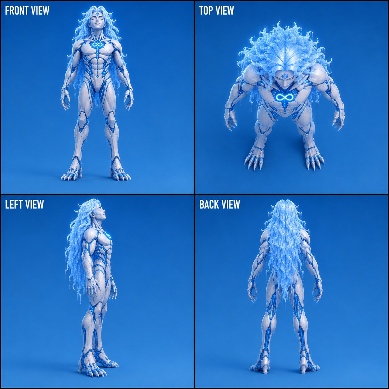 Dreamweavers turnaround sheet showing front, top, left, and back views