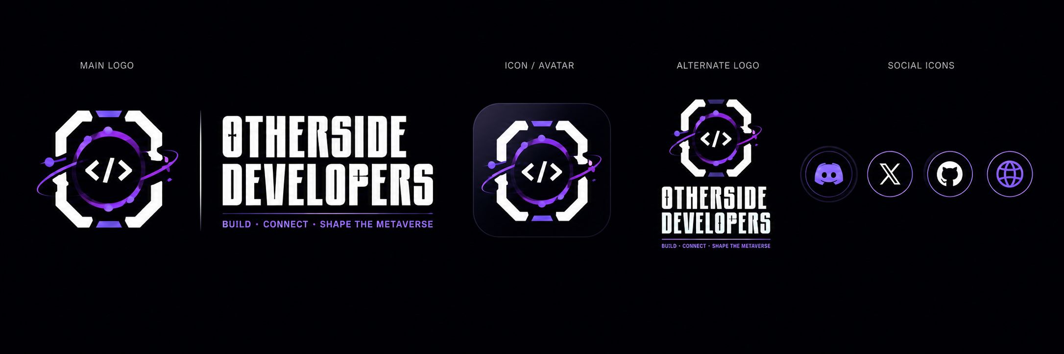 Otherside Developers brand kit with main logo, avatar, alternate logo, and social icons