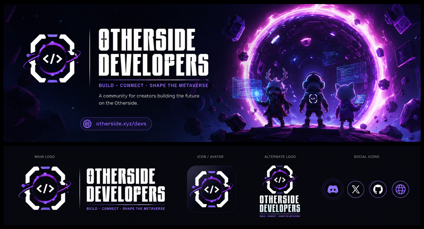 Otherside Developers brand system with logo, icon, alternate logo, and social icons