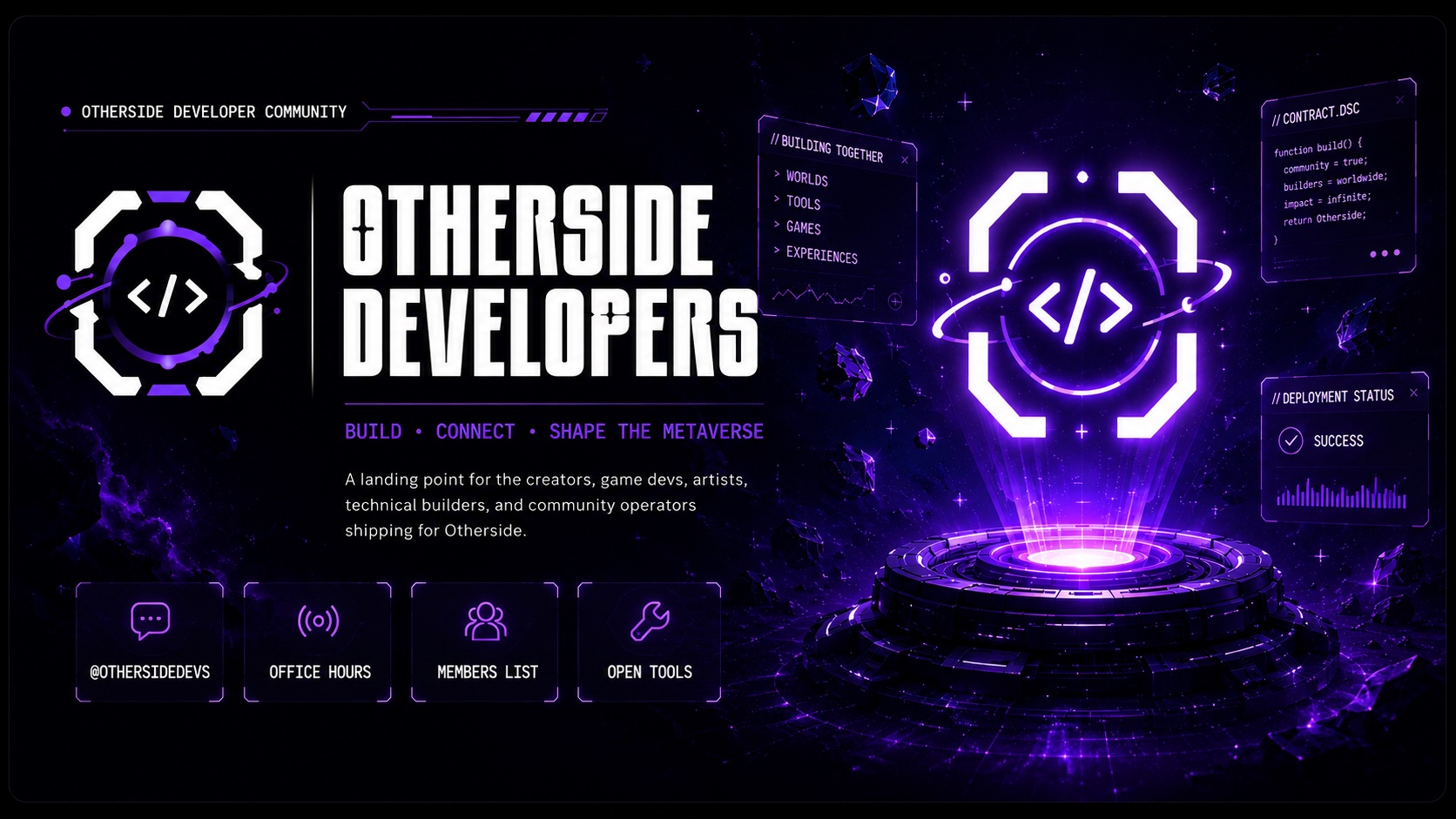 Otherside Developers community banner with logo, portal, builder cards, and developer links