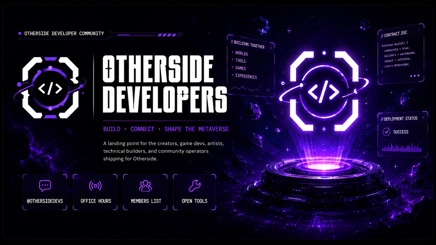 Otherside Developers community banner with logo, portal, builder cards, and developer links