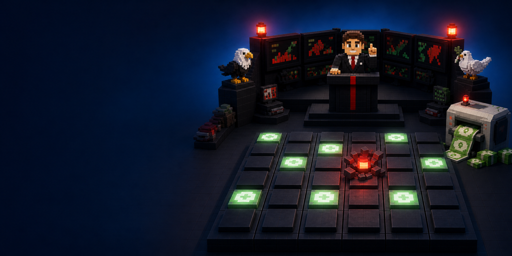 Voxel Federal Reserve command room with an economic stress board