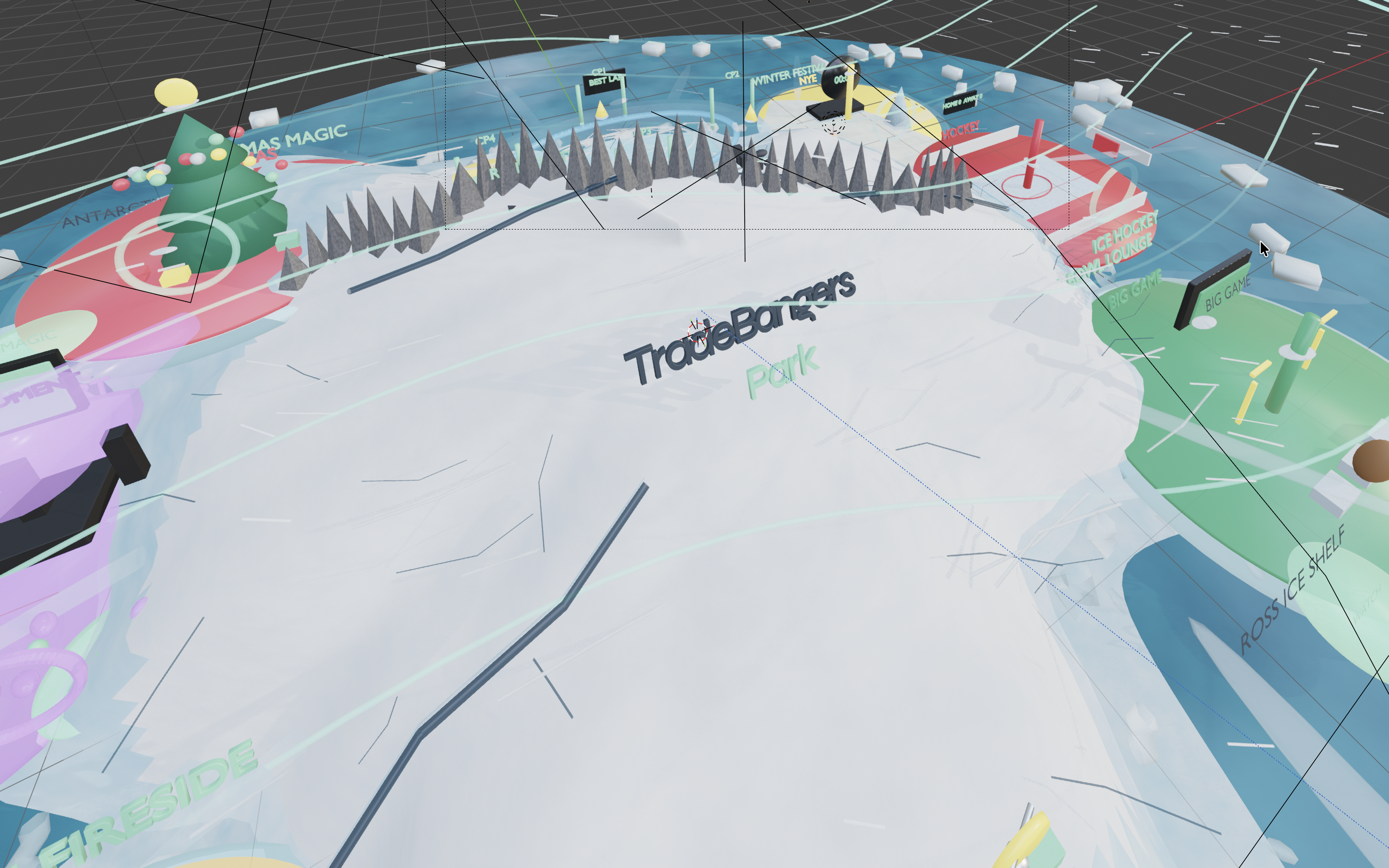 Fully rendered icy TradeBangers Park preview with snowstorm motion, water, activity zones, and branded terrain