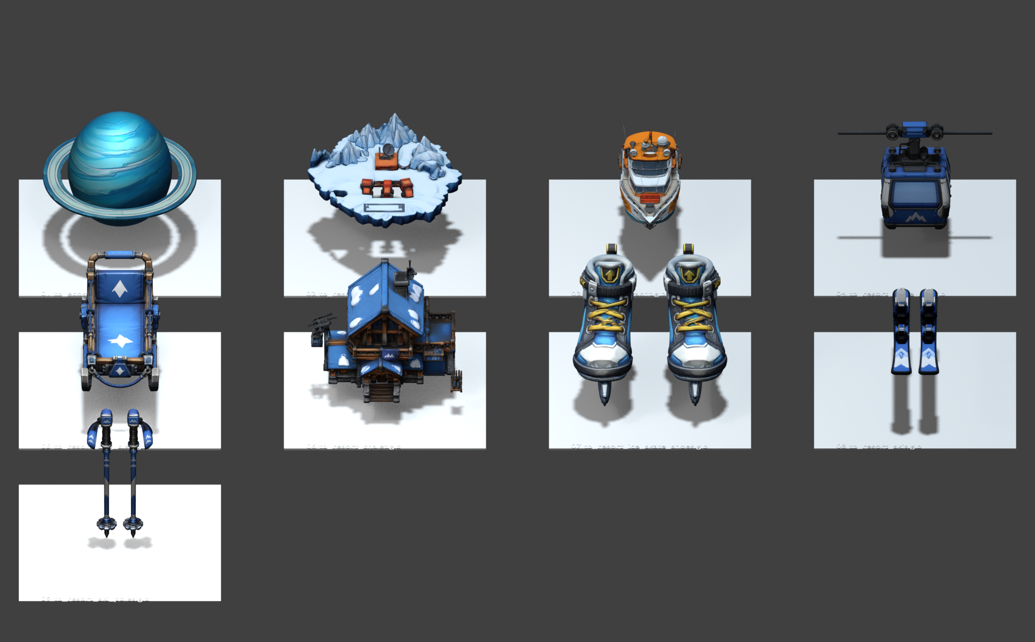 TradeBangers Ski Resort ecosystem preview with planet, yacht, cable car, sled, chalet, island, and winter gear assets